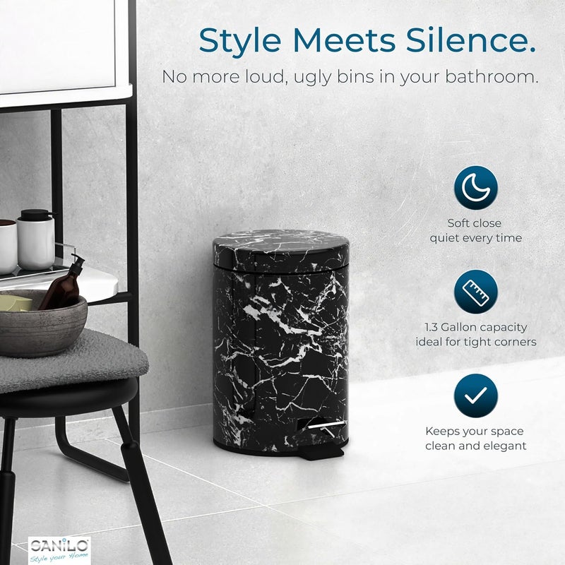 Sanilo Small Bathroom Trash Can with Lid [1.3 Gallon] - Lidded Tiny Trashcan for Garbage - Mini Metal Bin with Soft Closing Mechanism - Bath Room Accessoire Wastebin with Inner Bucket (Marble Black) - Image 3